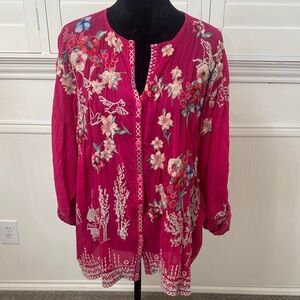 Johnny Was Fuchsia Floral Embroidered Blouse